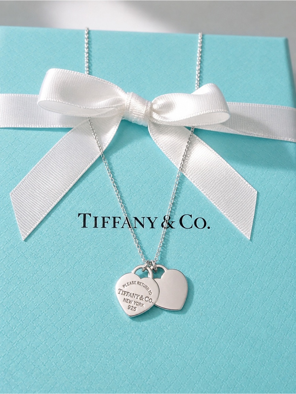 Authentic Tiffany & Co Silver Double Heart Tag Necklace, Mini